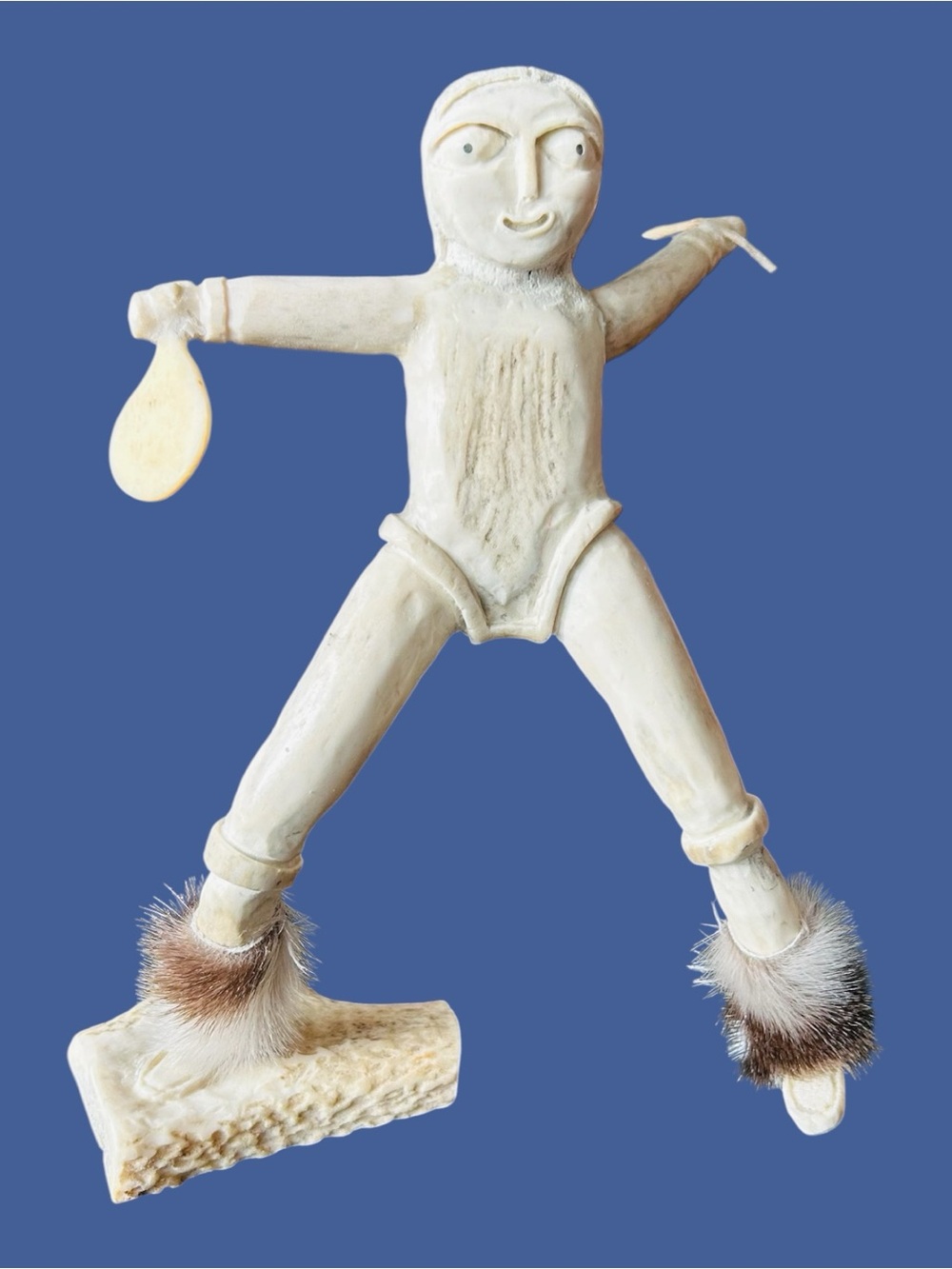 Inuit Canadian Carved Antler Drum Dancer Figurine with Fur Details
